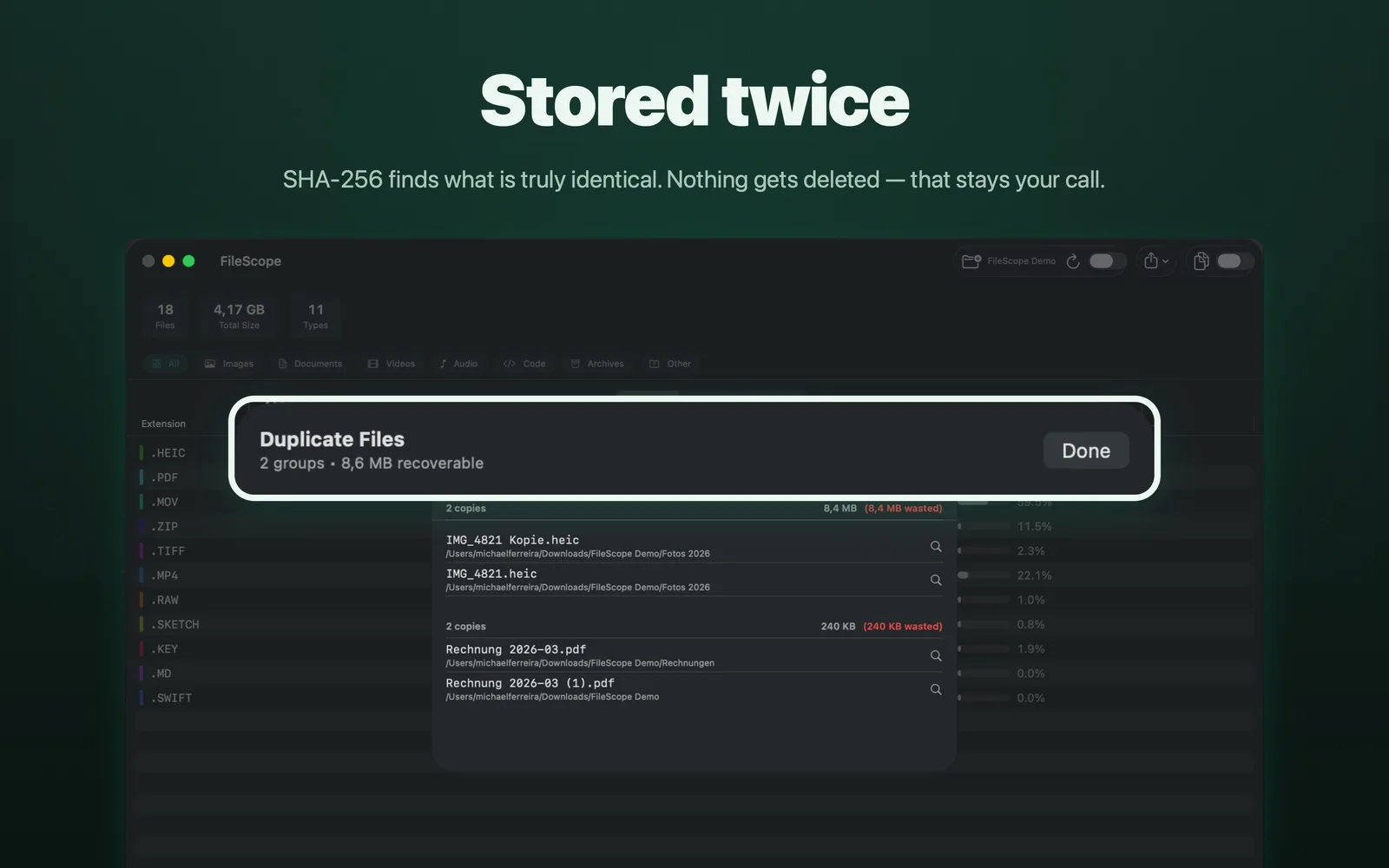 242 Duplikatgruppen, 538,8 MB zréckzegewannen. Näischt gëtt geläscht.